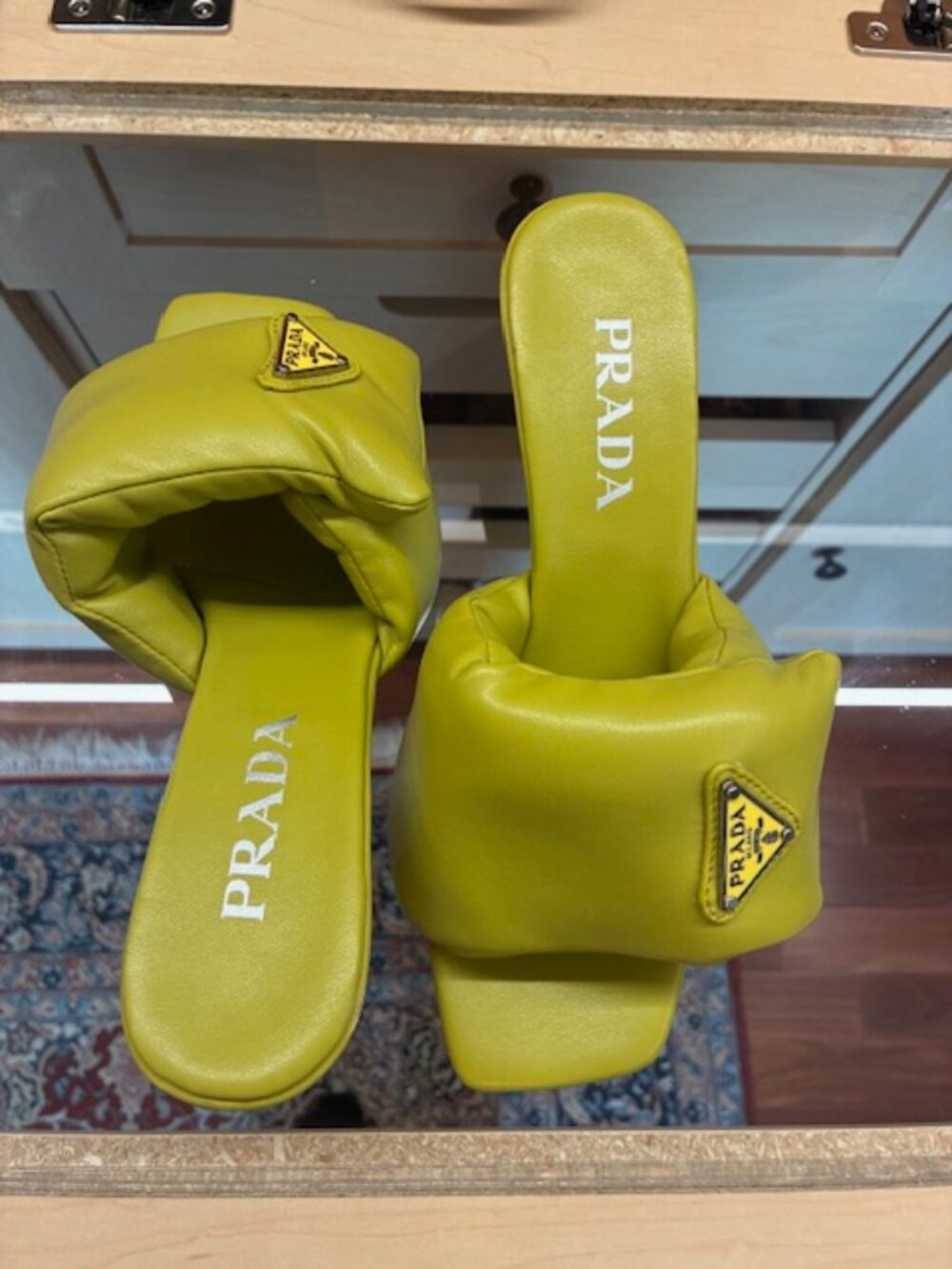 Prada Yellowish Enameled Metal Triangle Leather Size 37 Slides - Picture 4 of 7